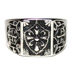 Mens Shield Cross Polished Stainless Steel Rustic Ring Size 9